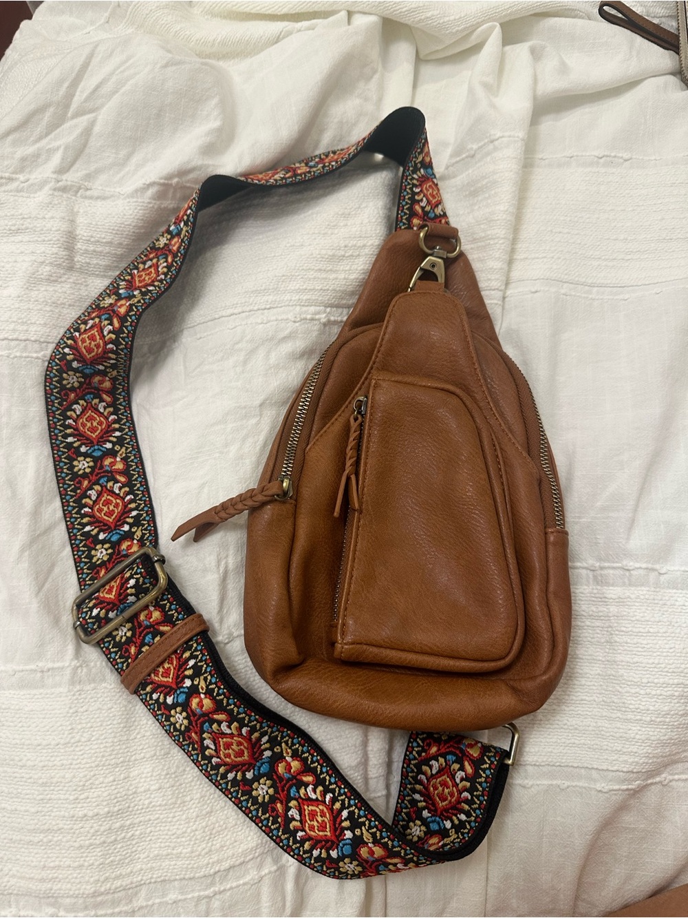 Antik Kraft Tan Leather Sling Belt Bag with Embroidered Strap